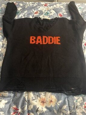 Black V-Neck 'BADDIE' Graphic Sweater